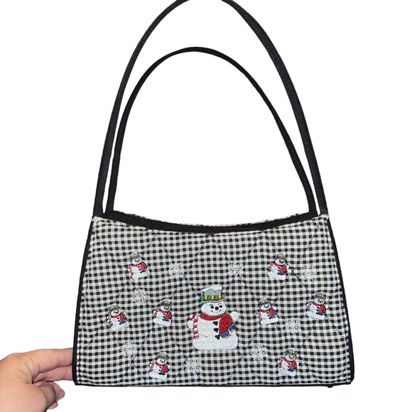Women’s Black and White Check Snowman Shoulder Bag Quilted Outer Zipper Closure - Picture 1 of 9